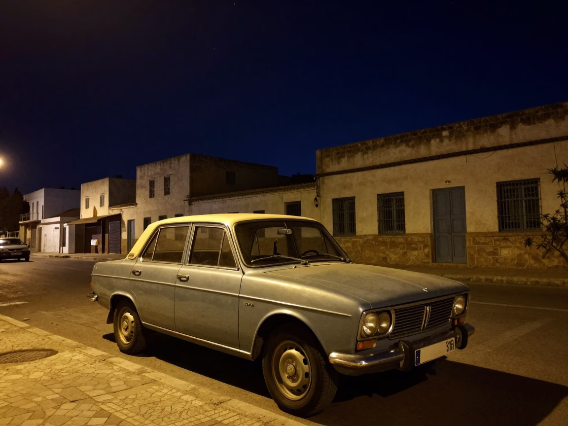 Tunis Night Street Scene with Starry Sky and Vintage Car in in Tunis, Tunisia