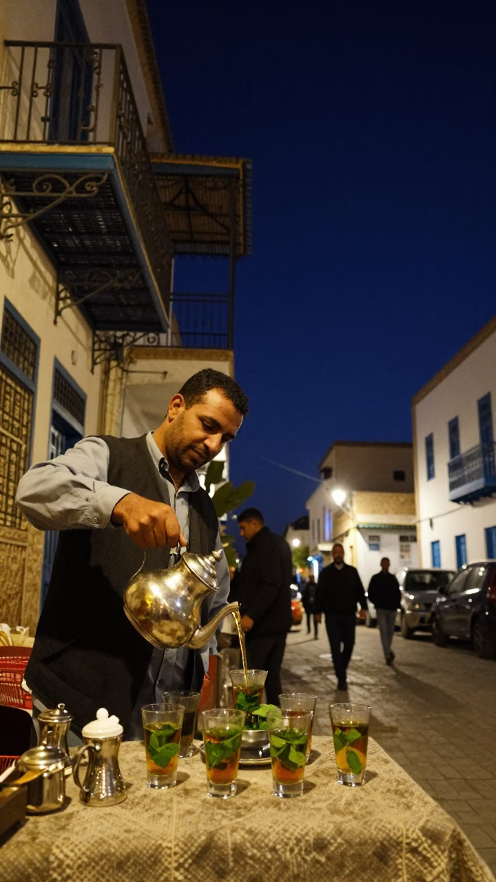 Tunis Night Street Scene with Traditional Tea Service and Starlit Sky in in Tunis, Tunisia