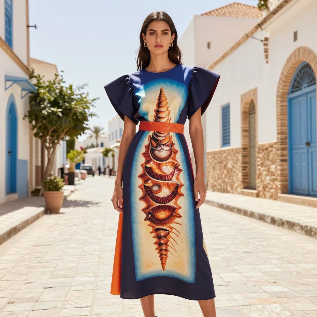 Tunis Print Dress at Bright Midmorning Light in in Tunis, Tunisia
