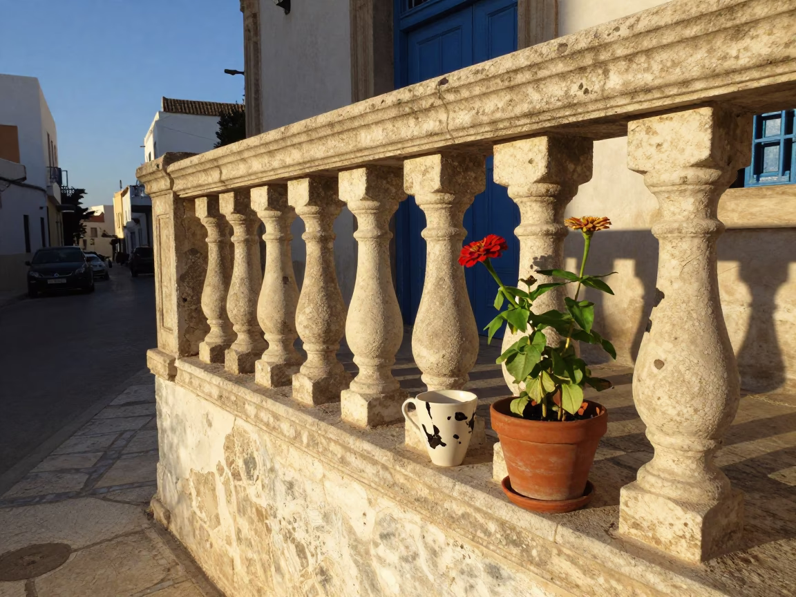 Tunis Street Corner Late Afternoon Ceramic Cup and Zinnias in Traditional Neighborhood in in Tunis, Tunisia