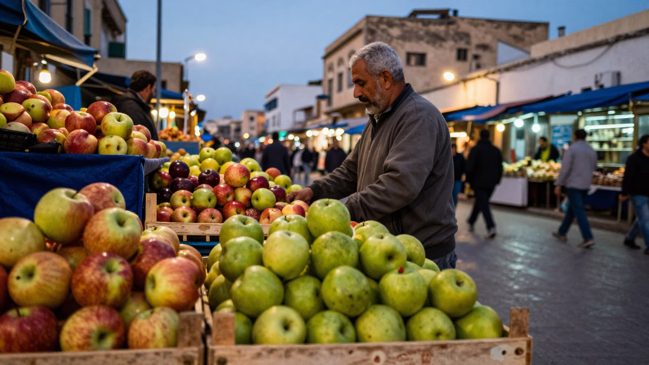 Tunis Street Market at Dusk with Colorful Apples and Embroidered Textiles in in Tunis, Tunisia