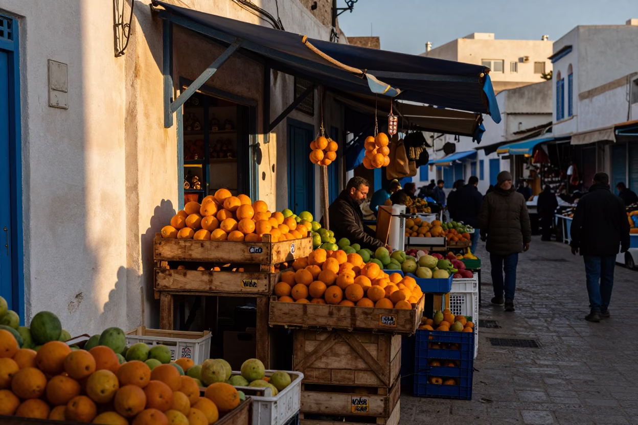 Tunis Street Market at Nautical Dawn with Fruit and Geraniums in in Tunis, Tunisia