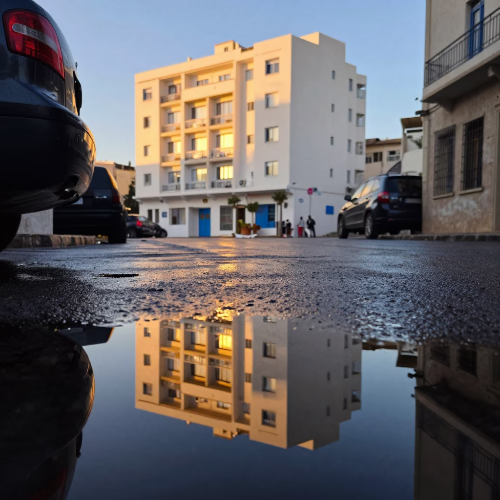 Tunis street puddle reflection of hotel windows and tail lights before sunrise in in Tunis, Tunisia