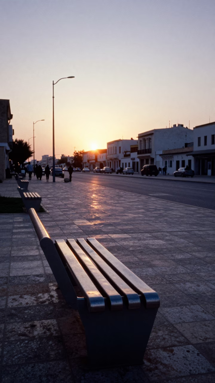 Tunis Street Scene at Dusk with Brushed Steel Bench and Local Activity in in Tunis, Tunisia