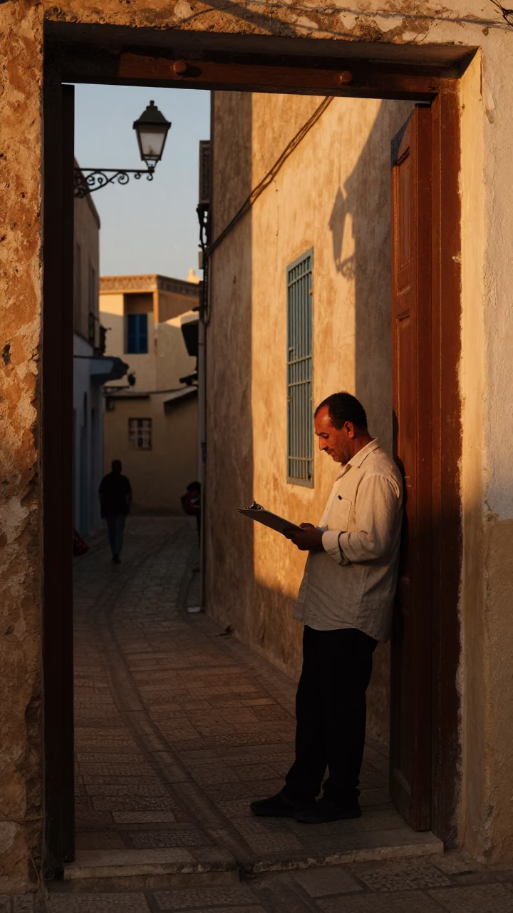 Tunis Street Scene at Dusk with Clipboard and Doorframe in Honeyed Light in in Tunis, Tunisia