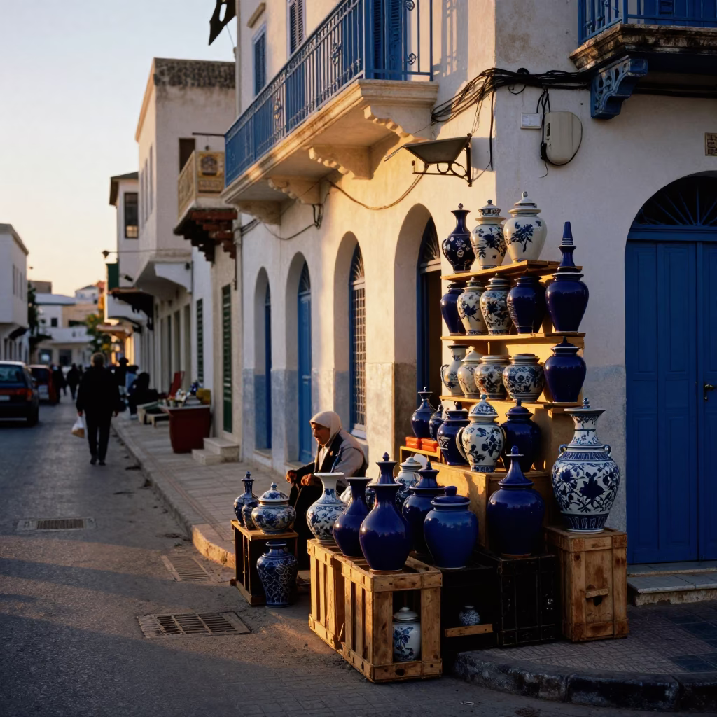 Tunis Street Scene at Sunset Light in in Tunis, Tunisia