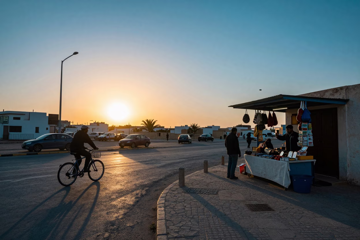 Tunis street scene at sunset with cyclist and blue white porcelain in in Tunis, Tunisia