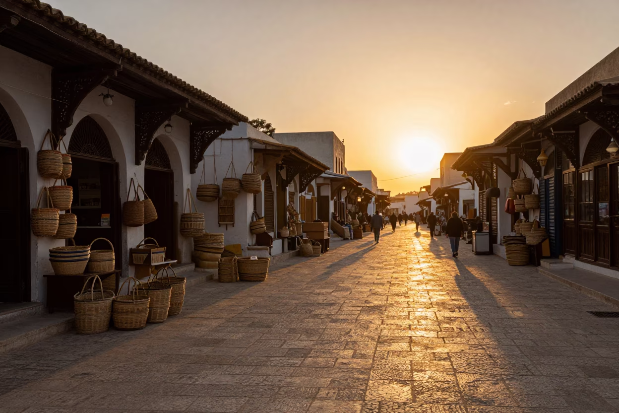 Tunis Street Scene at Sunset with Woven Baskets and Local Commerce in in Tunis, Tunisia