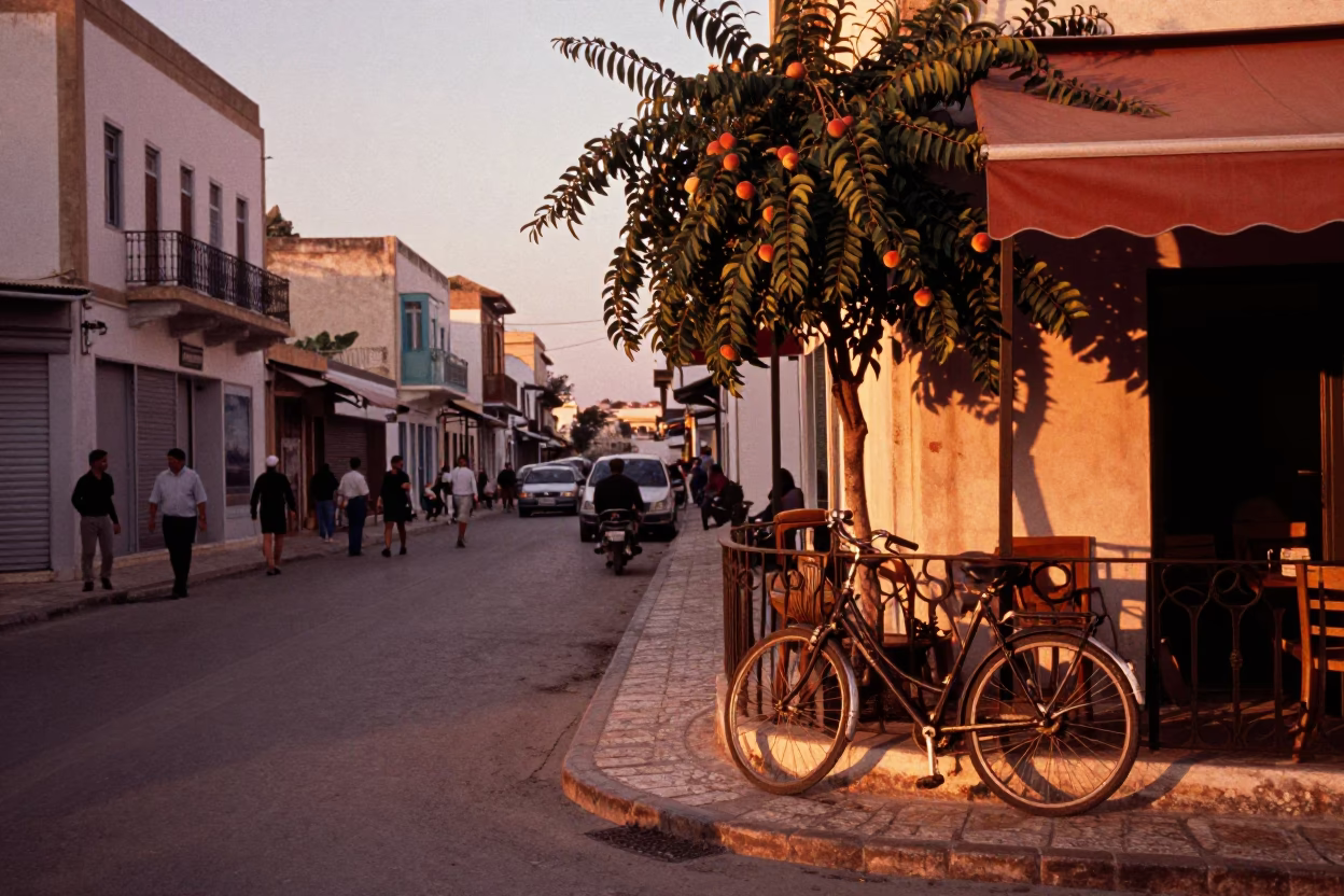 Tunis Street Scene Before Dusk with Bicycle and Peaches in in Tunis, Tunisia