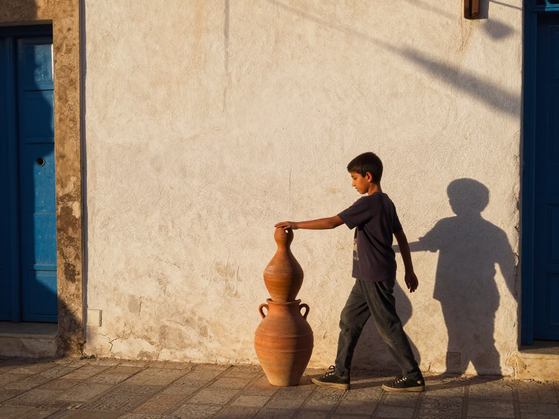 Tunis Street Scene Late Afternoon Light with Terracotta Pot and Doorknob Details in in Tunis, Tunisia