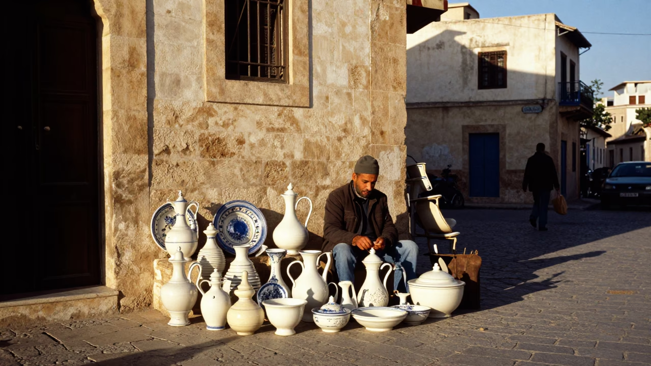 Tunis Street Scene Late Afternoon Light with Vintage Majolica Plate and Local Vendor in in Tunis, Tunisia