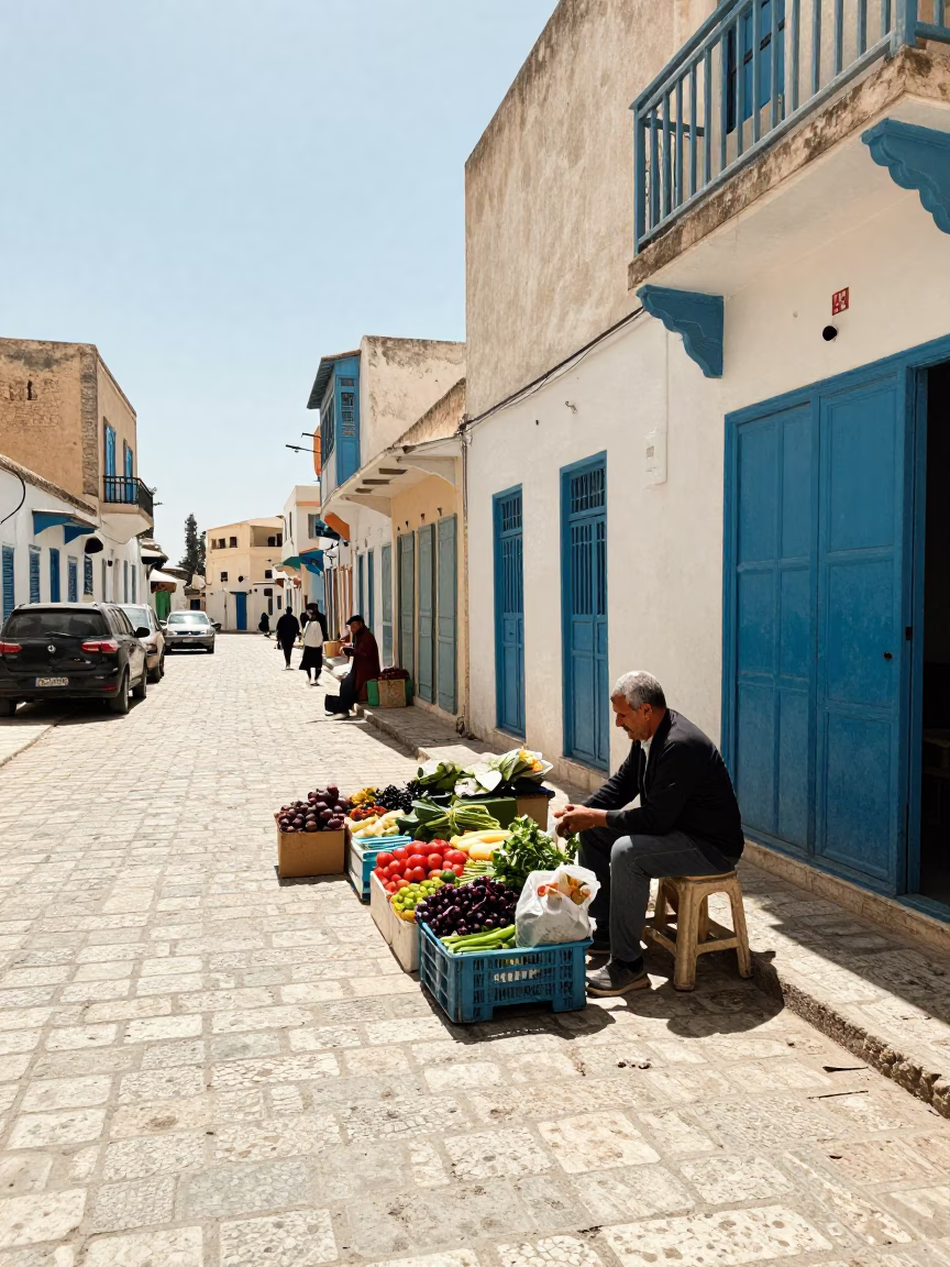 Tunis Street Scene Under Noon Sun with Vendor and Local Life in in Tunis, Tunisia