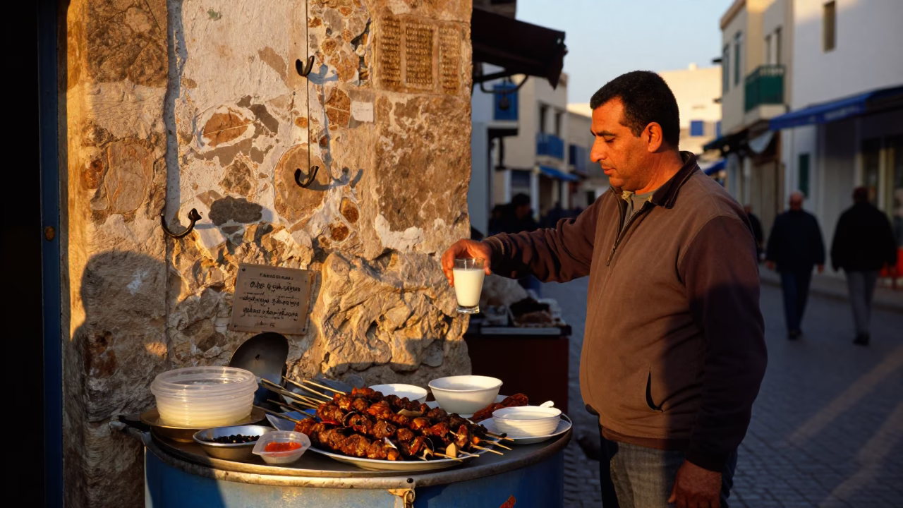 Tunis Street Vendor Evening Meal with Kebab and Ayran in Honeyed Light in in Tunis, Tunisia