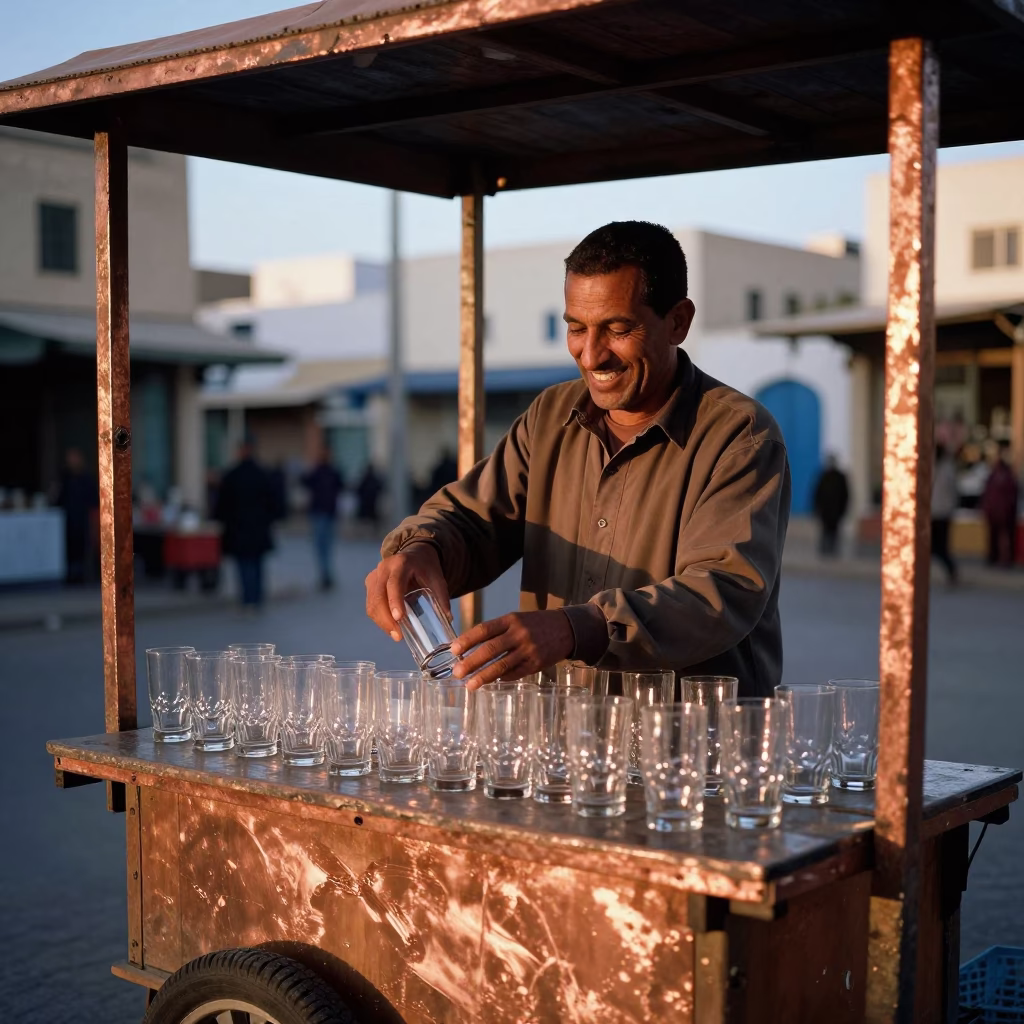 Tunis Street Vendor in Copper Dusk Light with Glass Tumblers and Zinnias in in Tunis, Tunisia