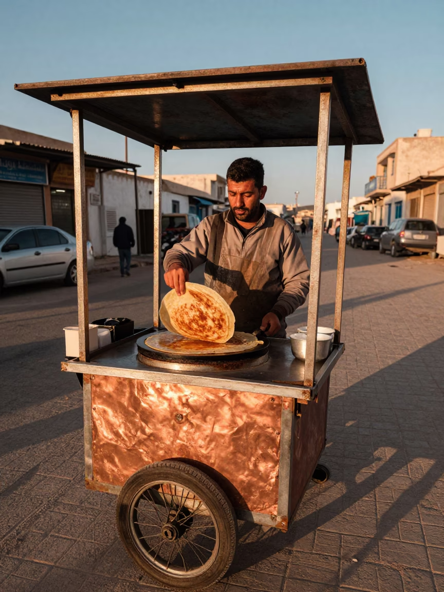 Tunis Street Vendor Selling Jianbing Crepes in Copper Toned Dusk Light Before Sunset in in Tunis, Tunisia