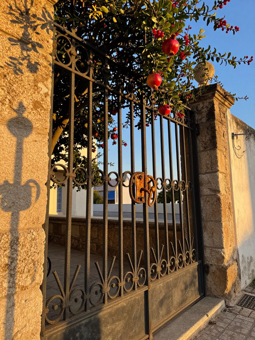 Tunis Sunset Street Scene with Pomegranate and Iron Gate Handle in in Tunis, Tunisia