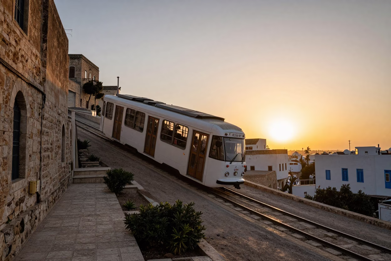 Tunis Tram Ascending Steep Hill at Sunset With Traditional Architecture in in Tunis, Tunisia