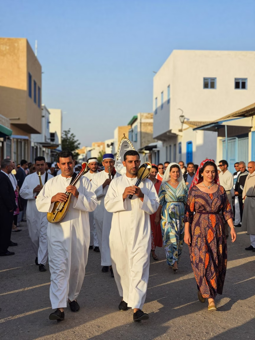 Tunis Tunisia 1950s street scene with traditional wedding procession and hand plane in in Tunis, Tunisia