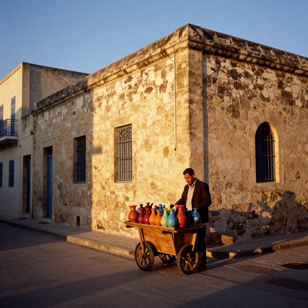 Tunis Tunisia 1960s Honeyed Evening Light Street Scene with Utensil Crocks in in Tunis, Tunisia