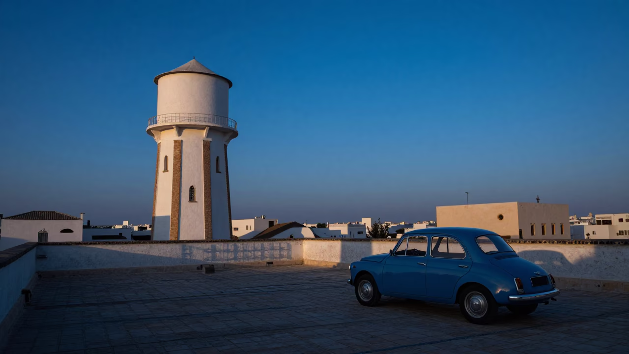 Tunis Tunisia Before Sunrise Rooftop Water Tower and Vintage Car Rally Preparation in in Tunis, Tunisia