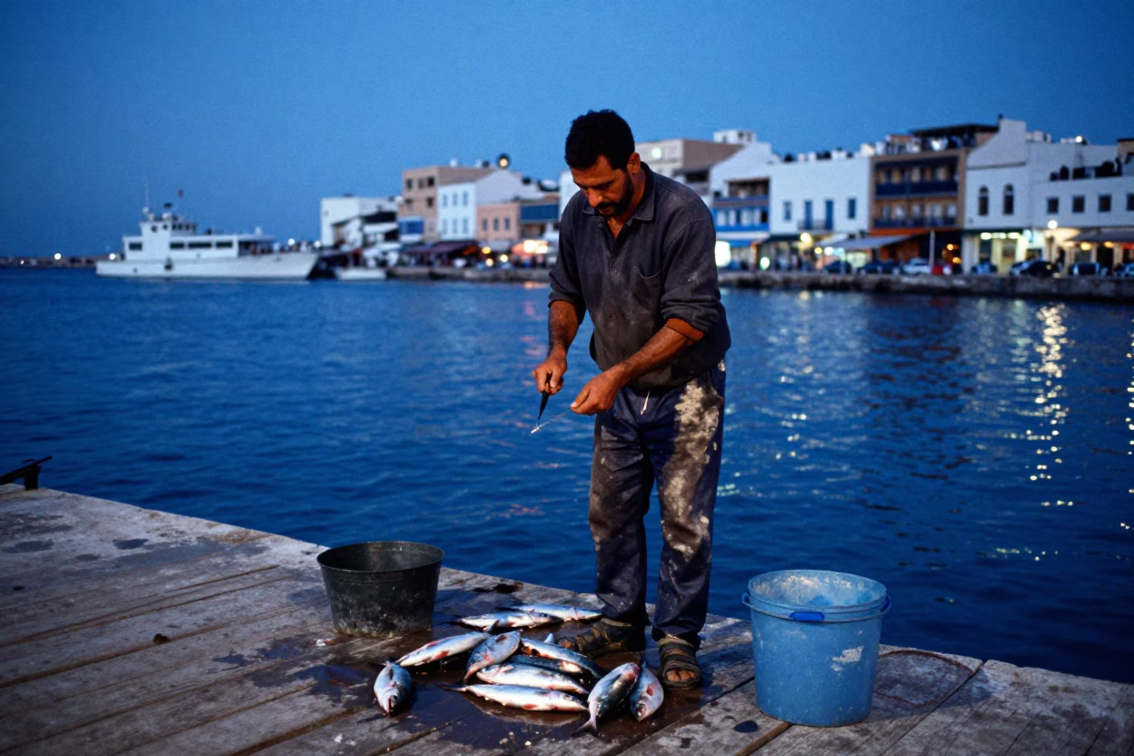 Tunis Tunisia Blue Hour Street Scene with Fisherman Cleaning Catch on Dock in in Tunis, Tunisia