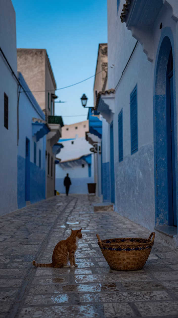 Tunis Tunisia Blue Hour Street Scene with Ginger Cat and Traditional Basket in in Tunis, Tunisia