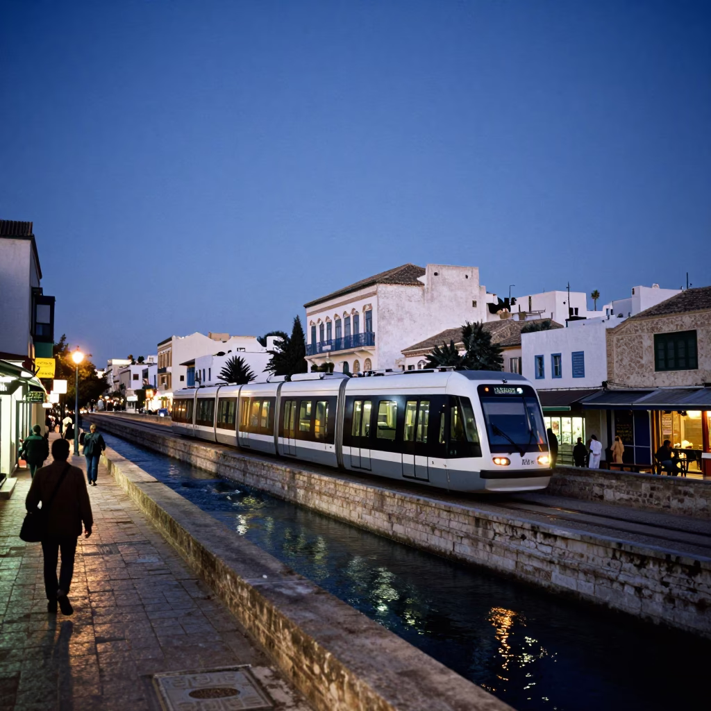 Tunis Tunisia Blue Hour Street Scene with Monorail and Traditional Architecture in in Tunis, Tunisia