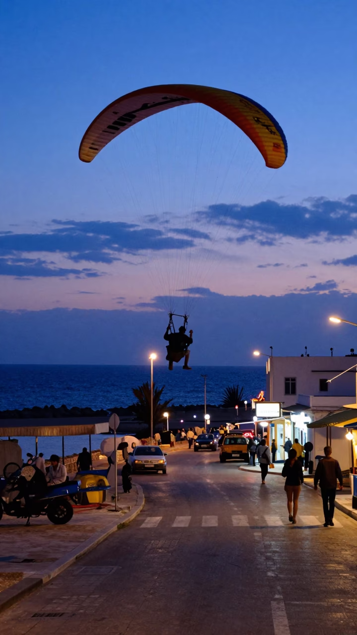 Tunis Tunisia Blue Hour Street Scene with Paramotor and Coastal Life in in Tunis, Tunisia