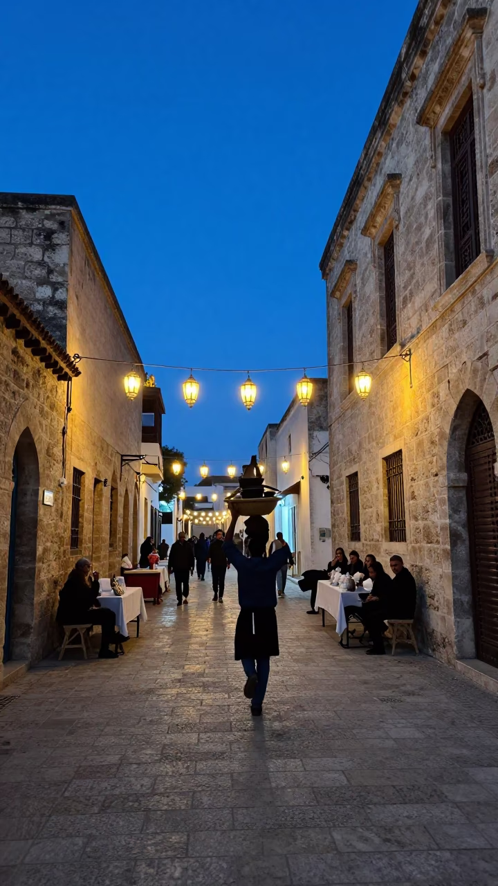 Tunis Tunisia Blue Hour Street Scene with Traditional Lanterns and Evening Activity in in Tunis, Tunisia