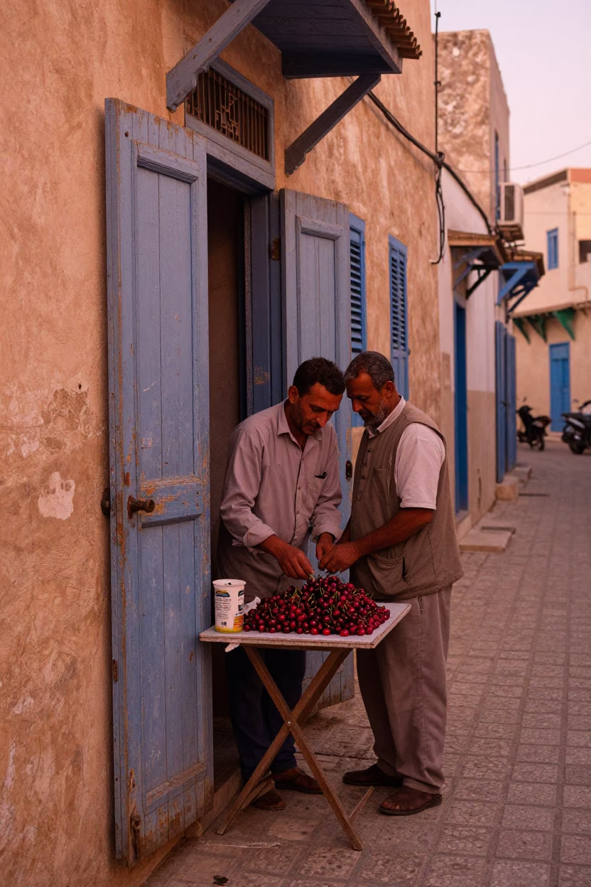 Tunis Tunisia Copper Dusk Street Scene with Scuffed Wood and Cherries in in Tunis, Tunisia