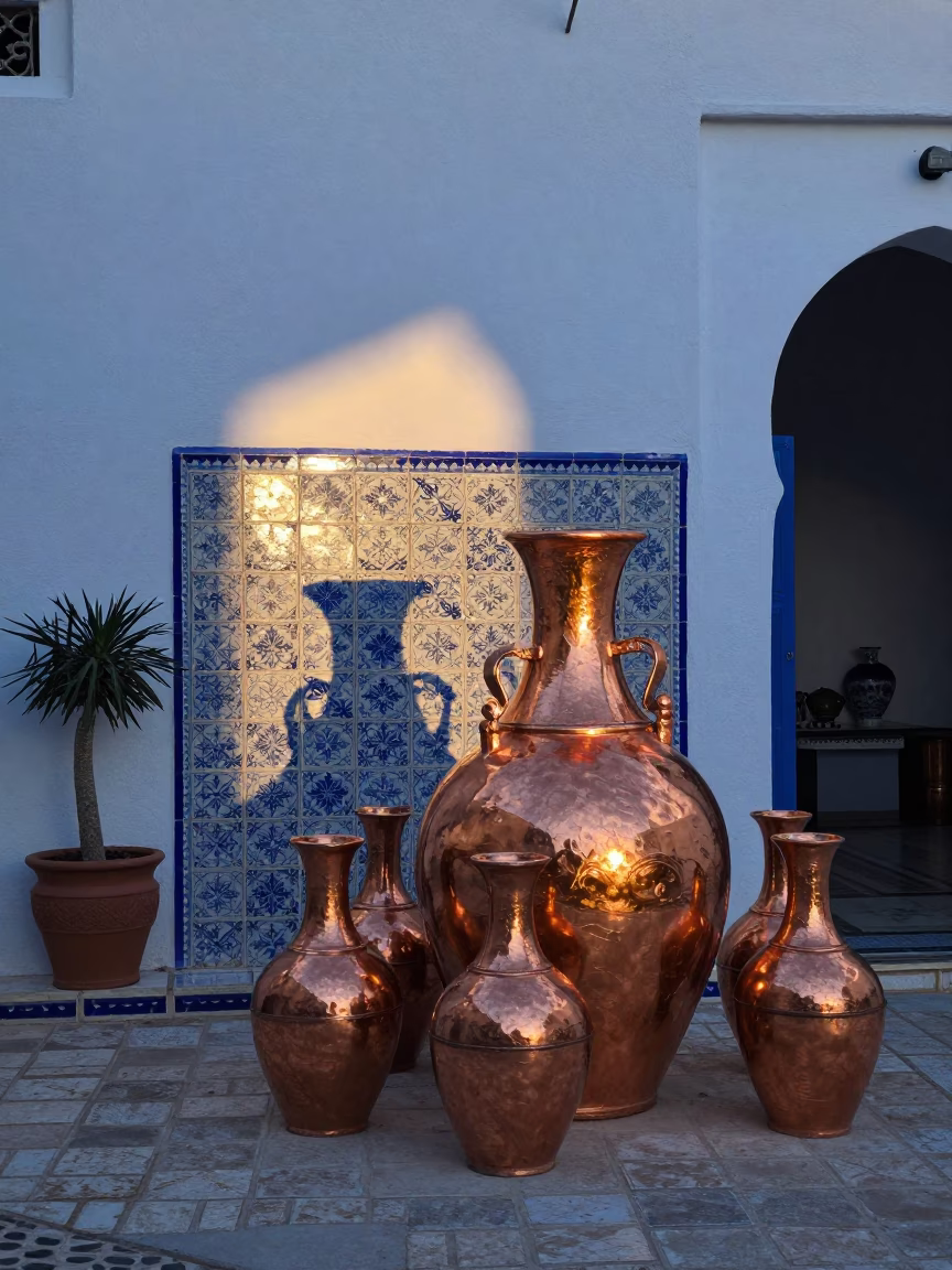 Tunis Tunisia Dawn Light on Traditional Ceramic Tiles and Copper Pots in in Tunis, Tunisia