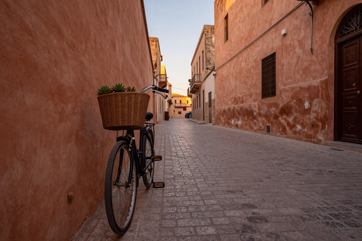Tunis Tunisia Dawn Street Scene with Bicycle Basket and Succulent Terrarium in in Tunis, Tunisia
