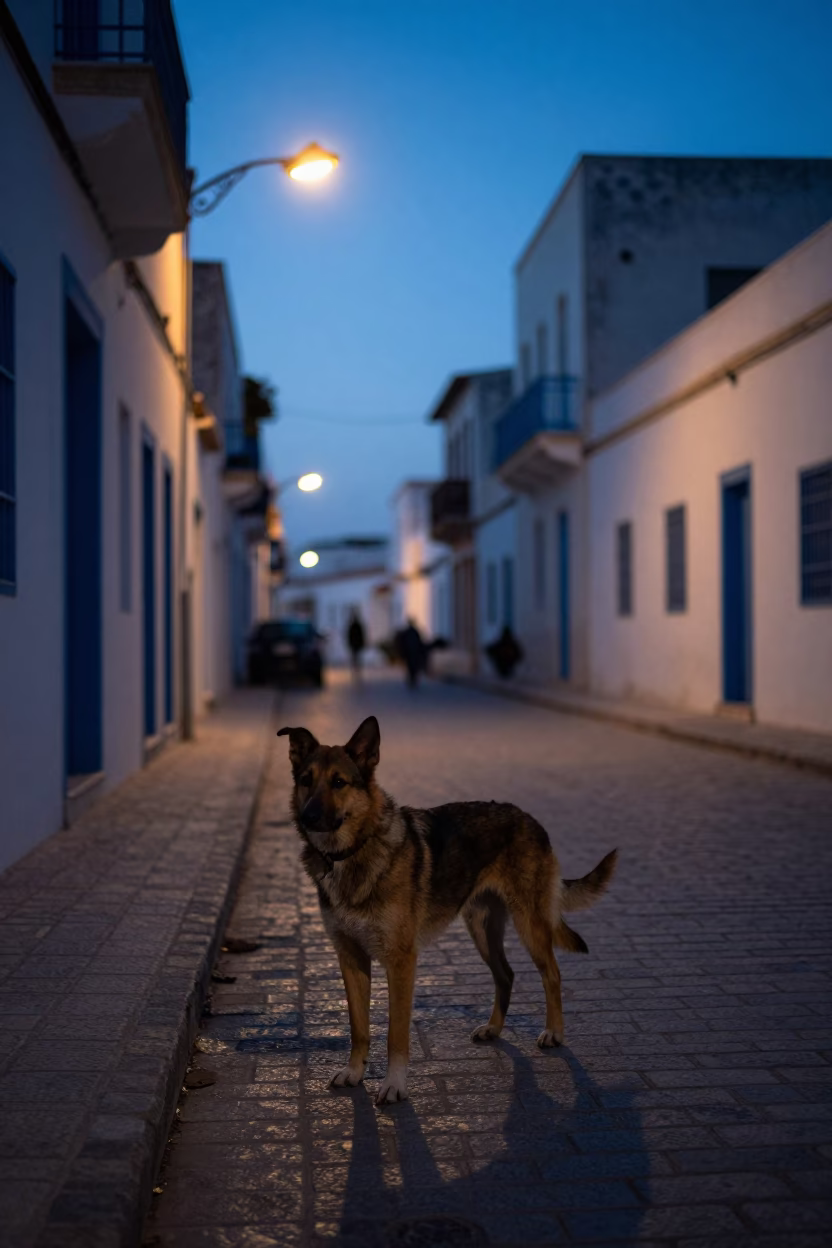 Tunis Tunisia Dawn Street Scene with Drentsche Patrijshond and Local Market Vendor in in Tunis, Tunisia