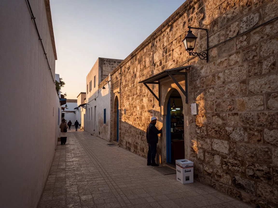 Tunis Tunisia Dawn Street Scene with Lantern and Shoebox at First Light in in Tunis, Tunisia