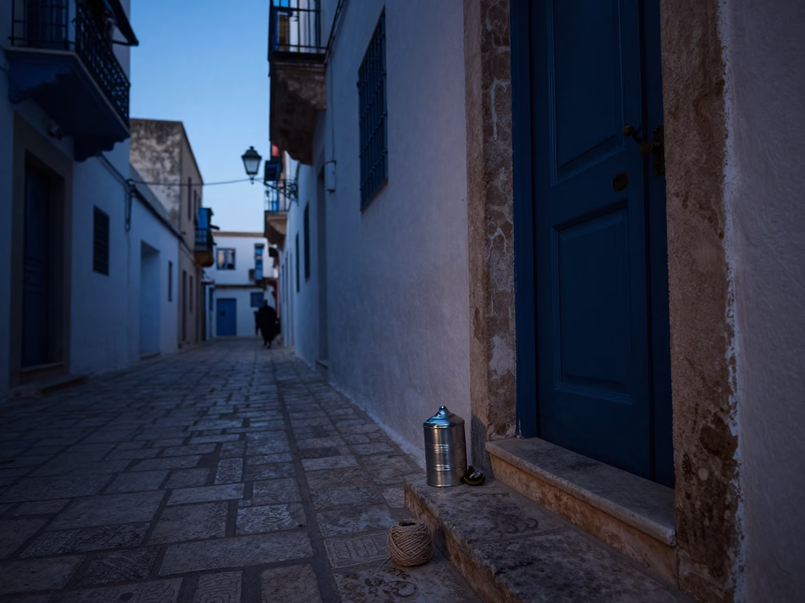 Tunis Tunisia Dawn Street Scene with Tea Tin and Twine Details in in Tunis, Tunisia