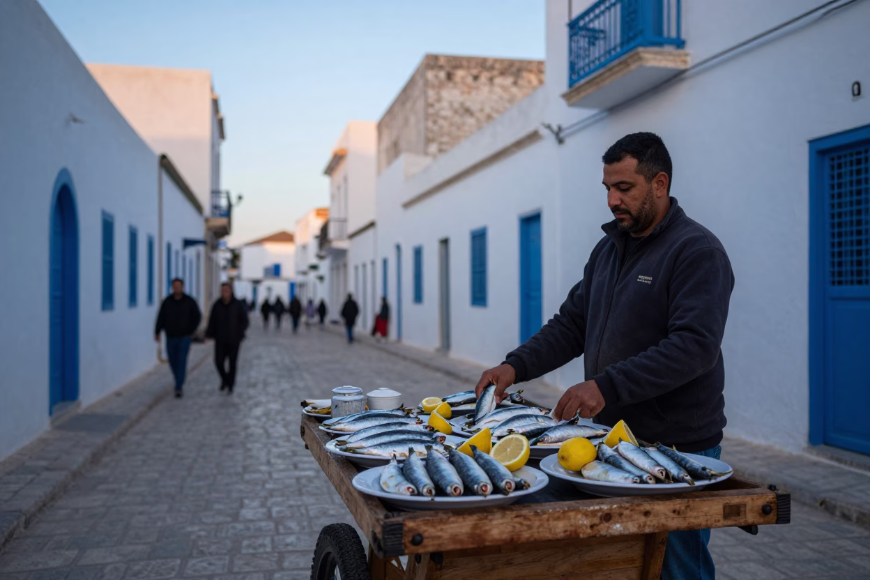 Tunis Tunisia Dawn Street Scene with Traditional Breakfast and Morning Light in in Tunis, Tunisia