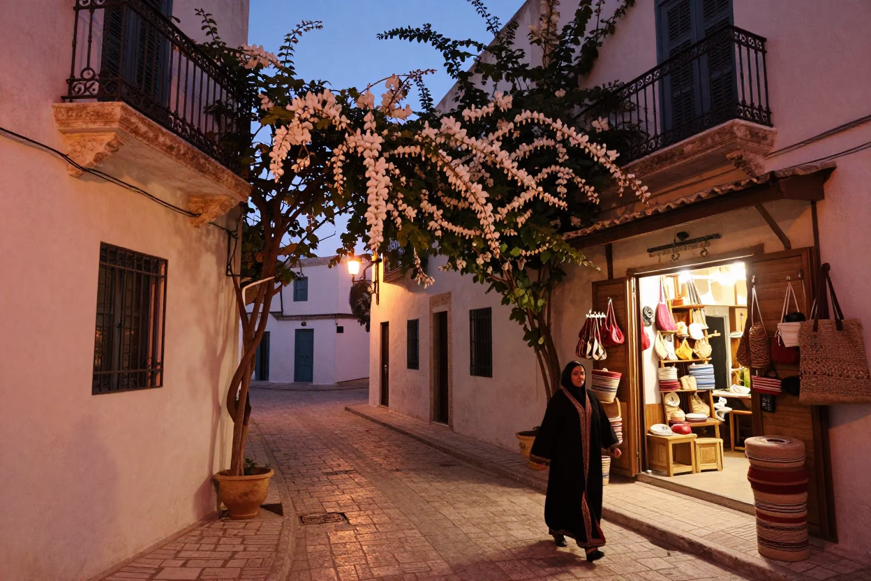 Tunis Tunisia Dusk Street Scene with Bleeding Heart Vine and Local Life in in Tunis, Tunisia