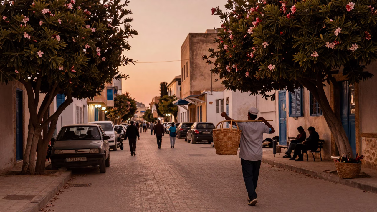 Tunis Tunisia Dusk Street Scene with Frangipani and Peg Basket in Copper Light in in Tunis, Tunisia