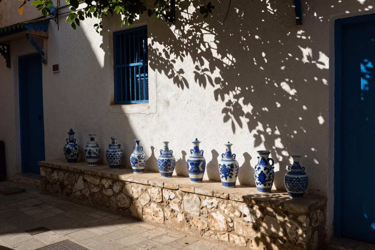 Tunis Tunisia Early Afternoon Street Scene with Blue White Porcelain and Leaf Shadows in in Tunis, Tunisia