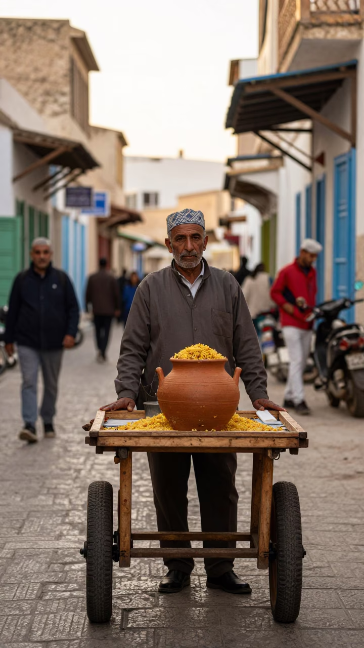 Tunis Tunisia Early Afternoon Street Scene with Clay Pot Rice and Local Interaction in in Tunis, Tunisia