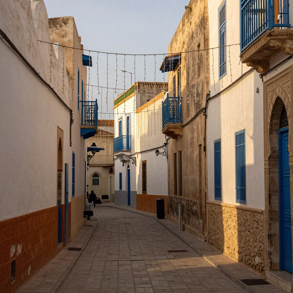 Tunis Tunisia Early Afternoon Street Scene with String Lights and Local Life in in Tunis, Tunisia