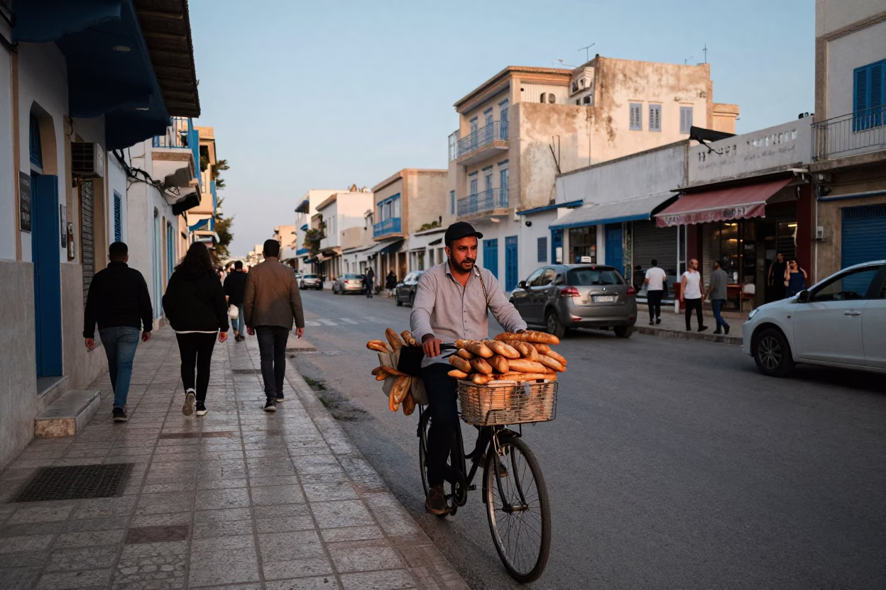 Tunis Tunisia Early Evening Street Scene with Bicycle and Pedestrian Overpass in in Tunis, Tunisia