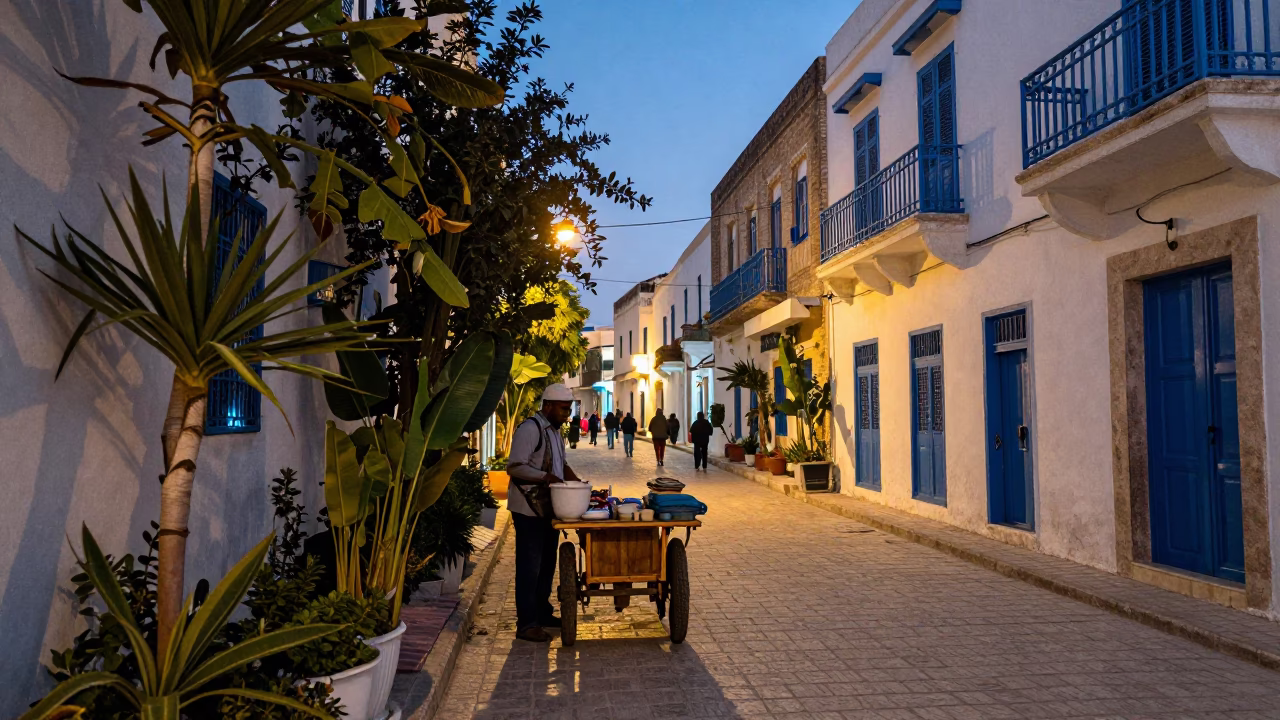 Tunis Tunisia early evening street scene with houseplants and local life in in Tunis, Tunisia
