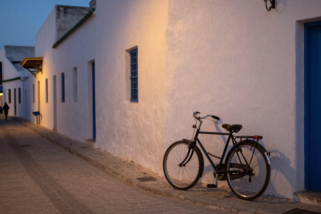 Tunis Tunisia Early Evening Street Scene with Vintage Bicycle and Flower Bed in in Tunis, Tunisia