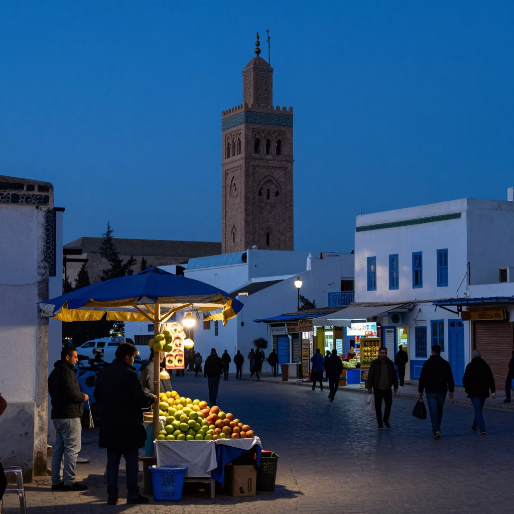 Tunis Tunisia Evening Street Scene with Apples and Local Vendor in in Tunis, Tunisia