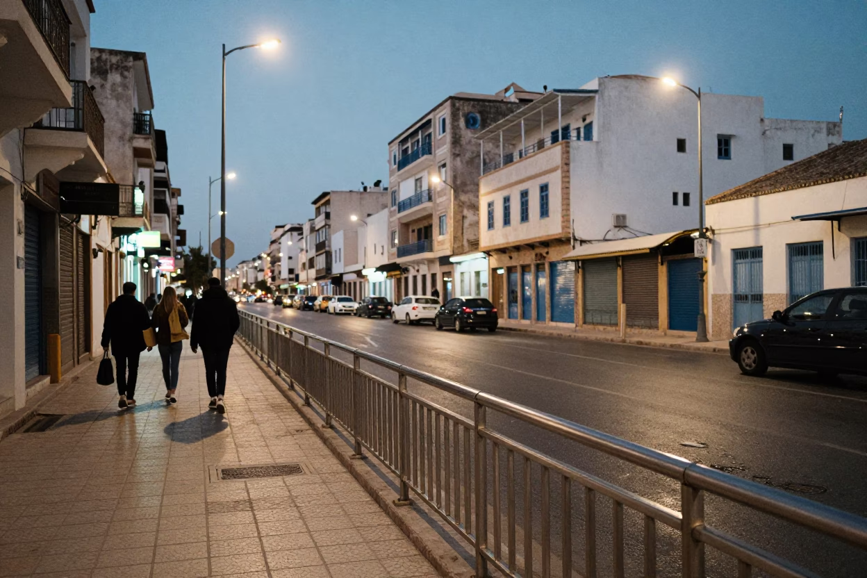 Tunis Tunisia Evening Street Scene with Brushed Steel Rail and Plant Pot in in Tunis, Tunisia