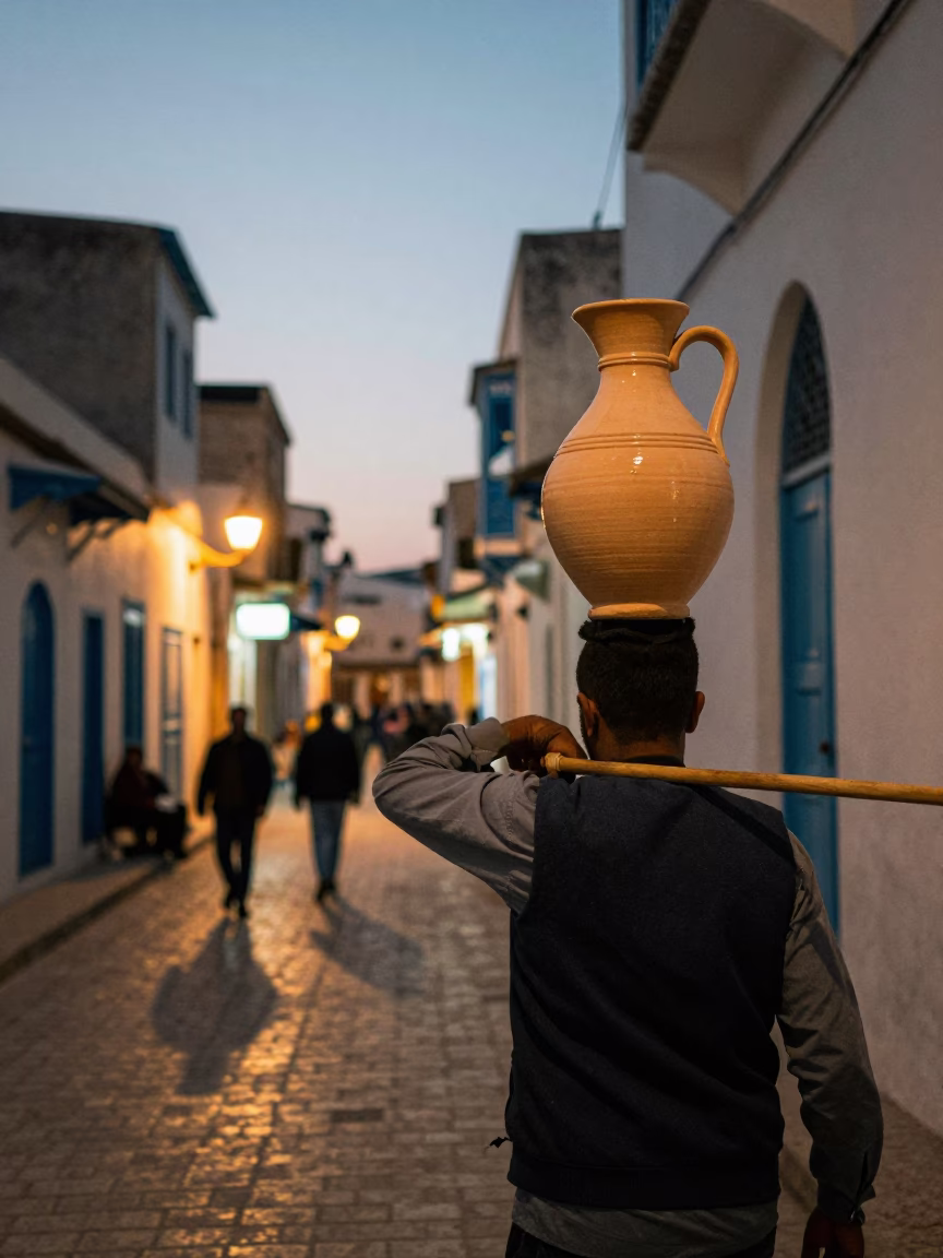 Tunis Tunisia Evening Street Scene with Ceramic Pitcher and Local Life in in Tunis, Tunisia