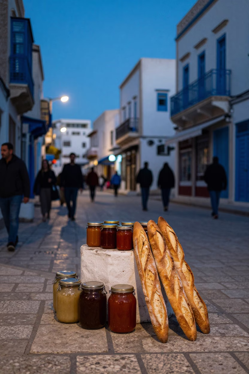 Tunis Tunisia Evening Street Scene with Jam Jars and Baguettes in in Tunis, Tunisia