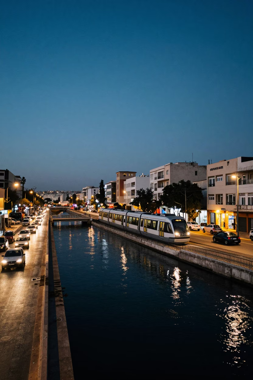 Tunis Tunisia Evening Street Scene with Monorail and Local Traffic in in Tunis, Tunisia