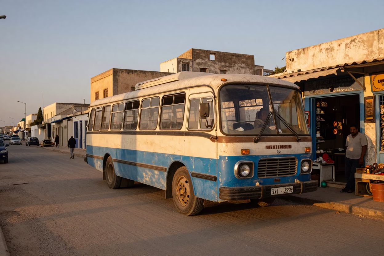 Tunis Tunisia Evening Street Scene with Old Bedford Bus and Rusty Mirror Reflection in in Tunis, Tunisia